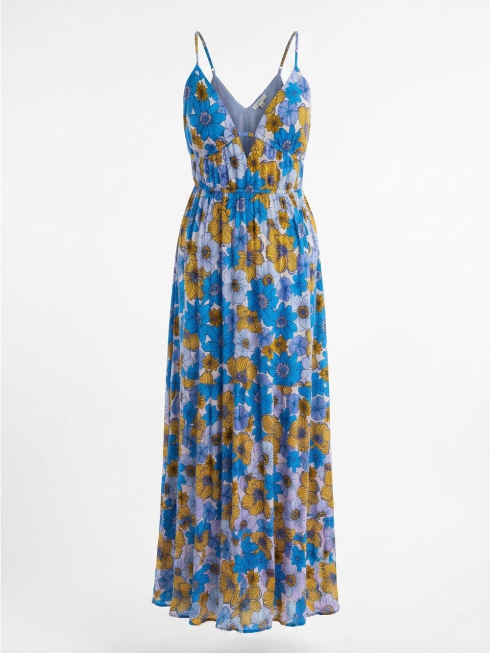 Blue & Yellow Floral Maxi Dress with Spaghetti Straps